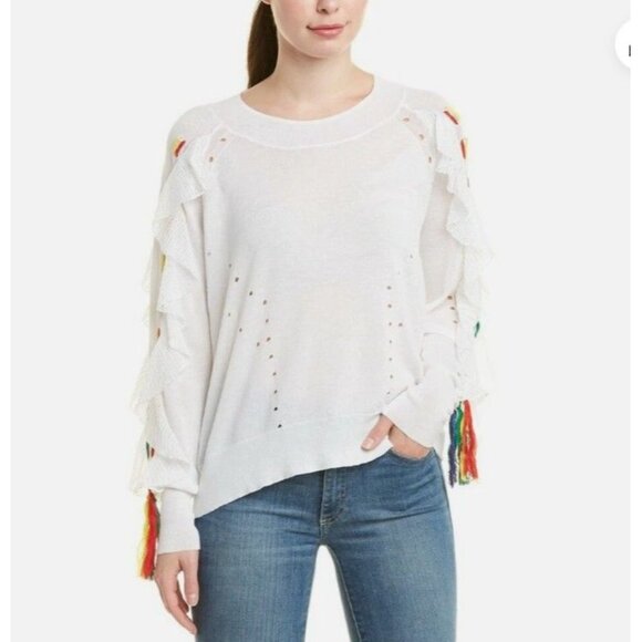 WILDFOX Diez Sweater Women's Size Large Ruffled Lace Up Sleeves White - Picture 1 of 11
